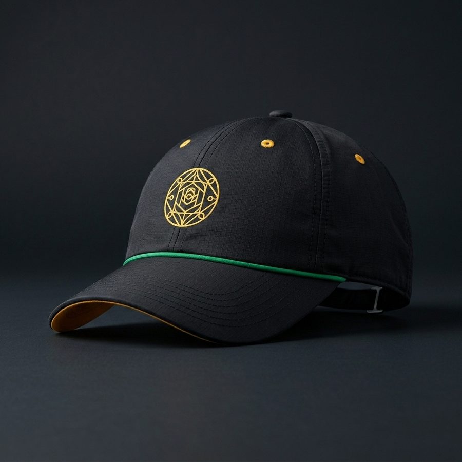 Black running cap with a gold emblem and green piping
