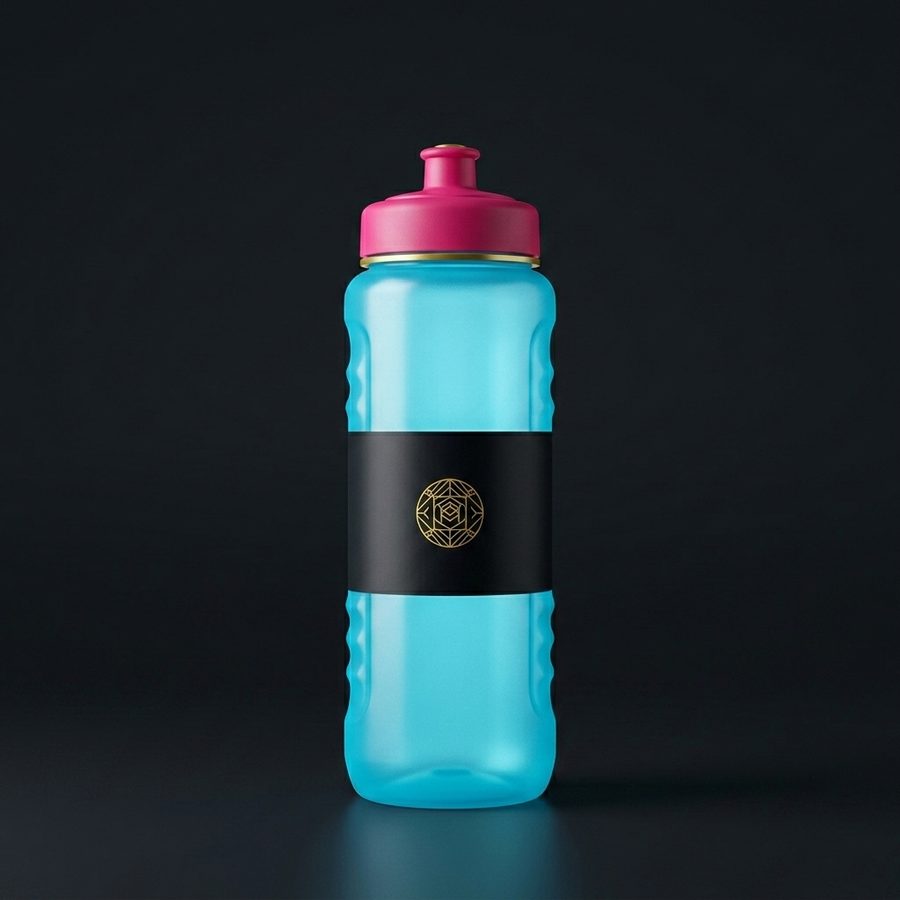 Cyan water bottle with a black label band and a pink cap