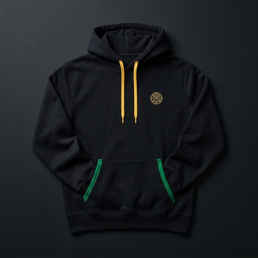 Black hoodie with gold drawcords and green pocket trim