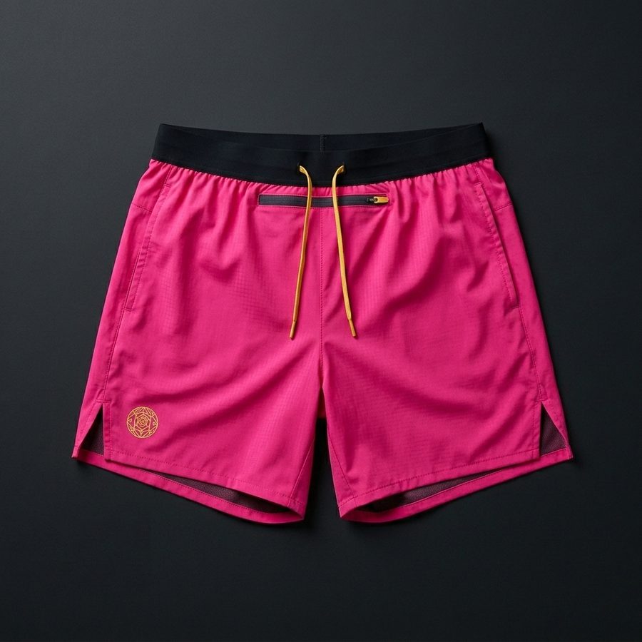 Pink running shorts with a black waistband and gold drawcord