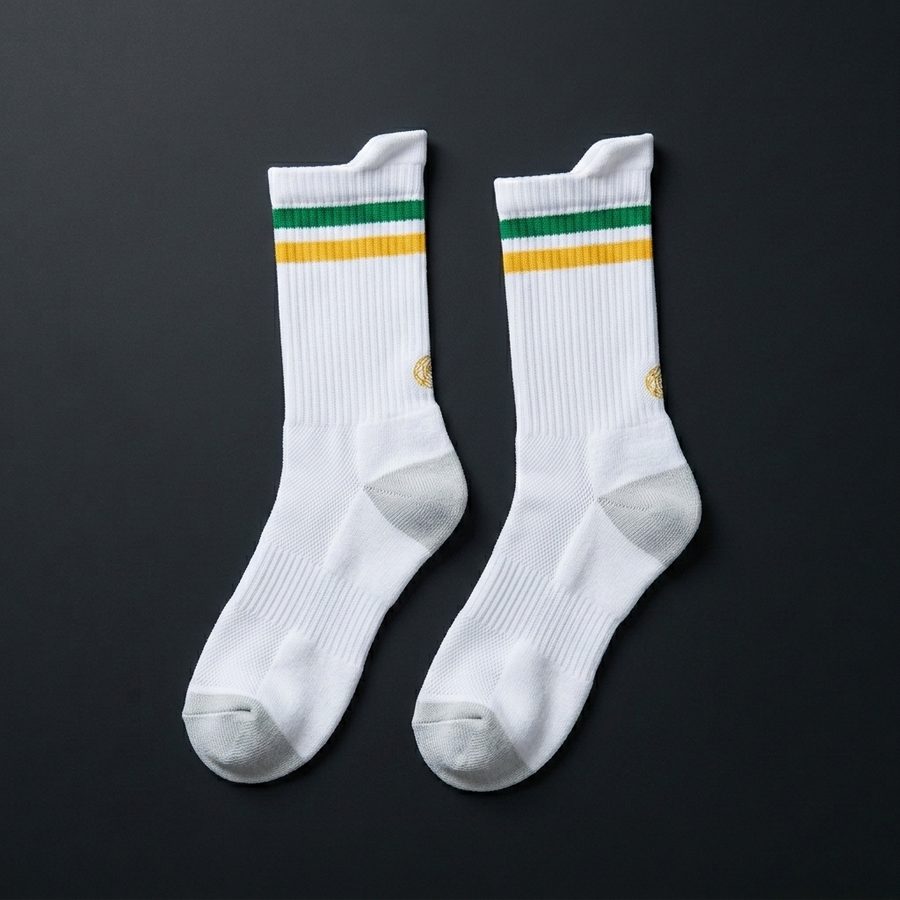 Two white running socks with green and gold stripes