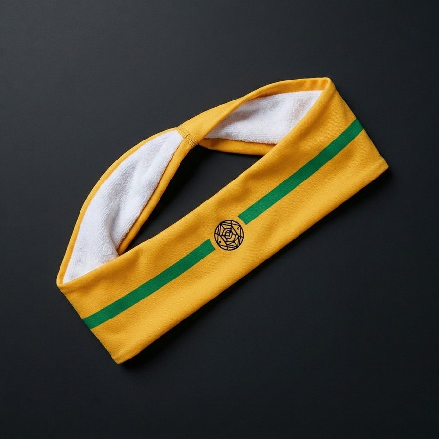 Gold headband with a green stripe and white terry lining