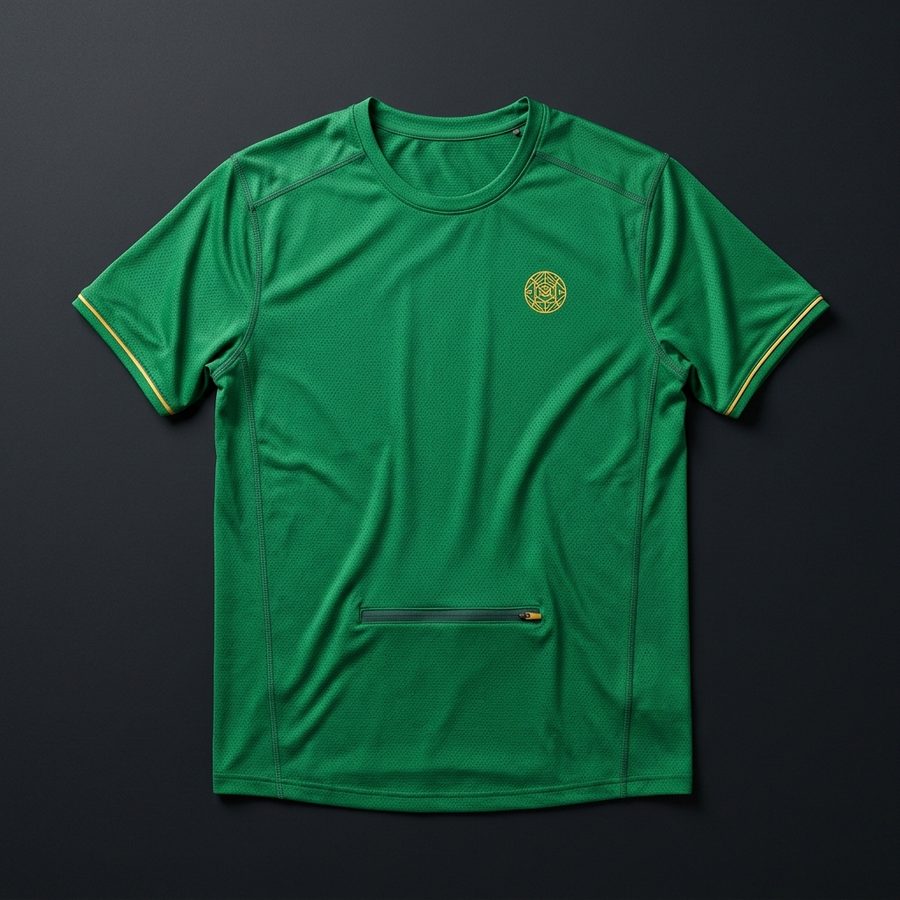 Green running shirt with a gold emblem